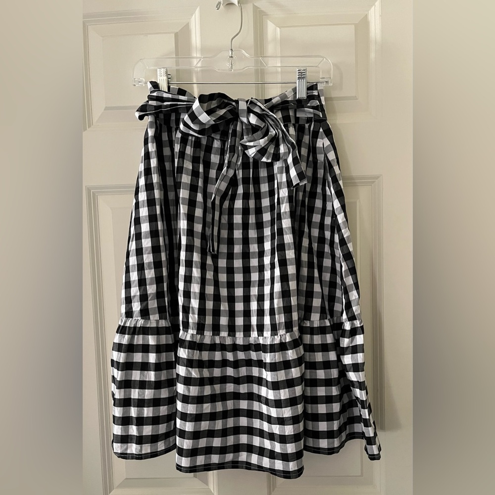 J. Crew Gingham checkered black and white midi skirt tie waist tiered size 4